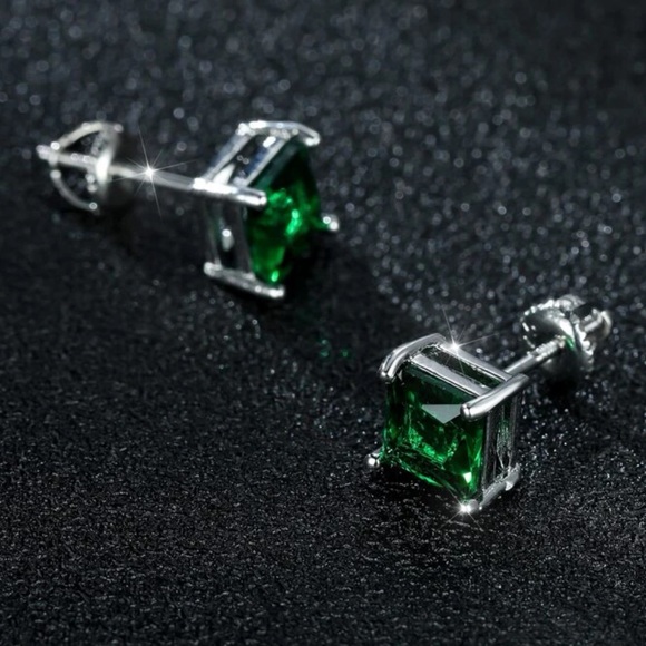 Emerald Green Sterling Silver Stud Earrings - Picture 2 of 4